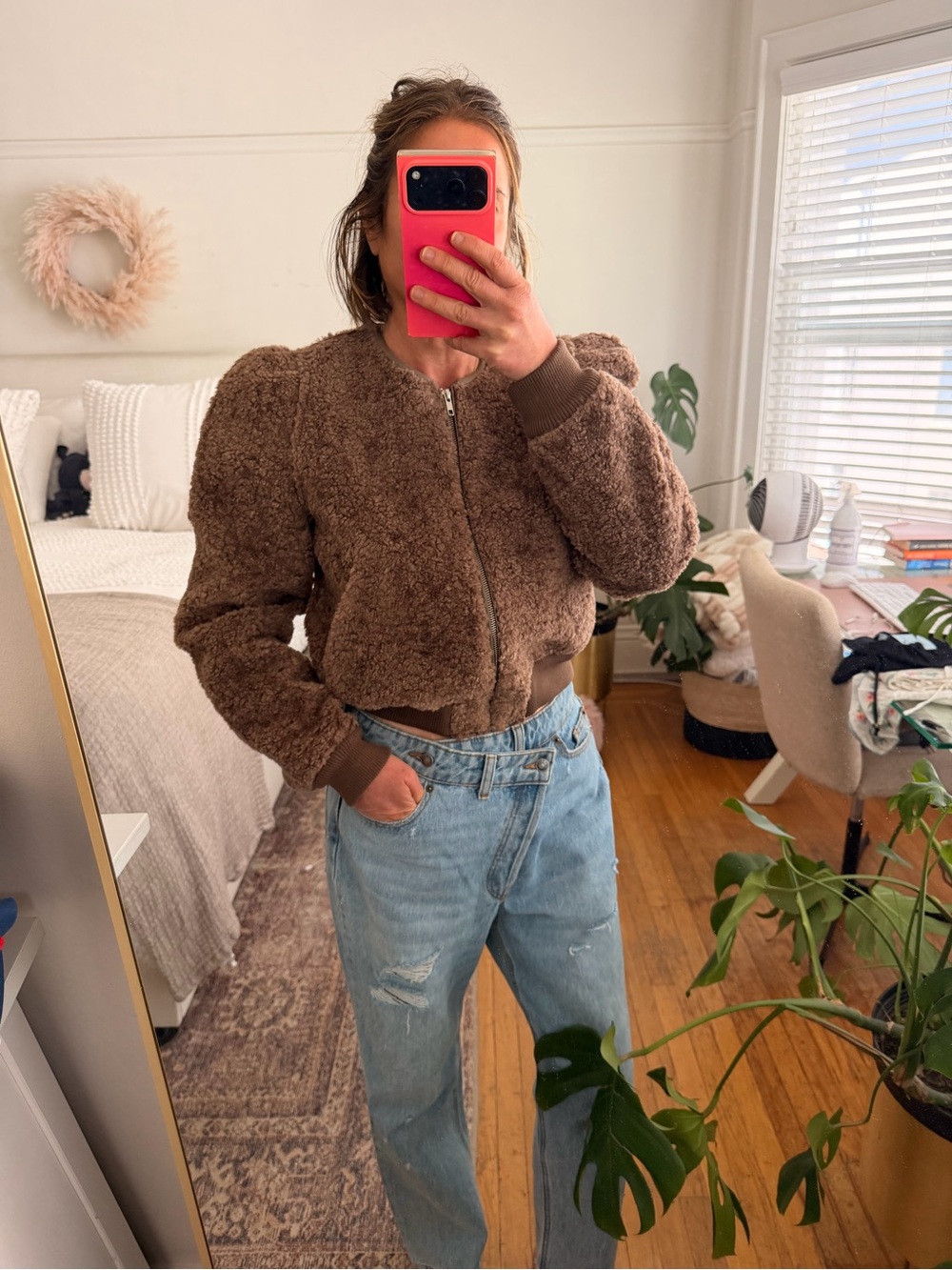 Astr Brown Faux Fur Bomber Jacket